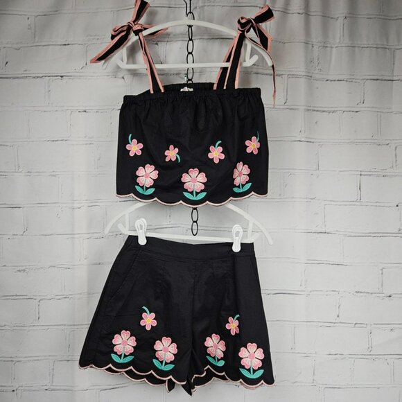 So Me Tops - So Me Floral Embroidered Black Crop Top Shorts Set Womens S Summer Vacation NWT